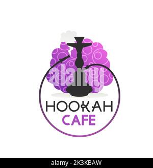 Hookah cafe vector icon of shisha lounge bar, club or restaurant. Arabic hookah, hooka, shisha or nargile smoking pipe black silhouette, waterpipe or hubble- bubble with purple cloud of smoke or steam Stock Vector