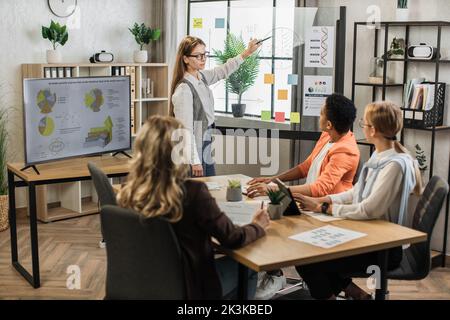 Multiracial female business people having briefing about financial situation at company. Caucasian woman pointing on glass board with various graphs and charts. Cooperation and brainstorming concept. Stock Photo