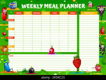Weekly meal planner. Cartoon berry pirates and corsairs on island. Meal ...