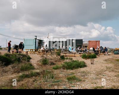 Dungeness Fishing Hut Snack Shack serving fresh local seafood on the shingle beach coastline at Dungeness Kent England UK - tourism tourists visitors Stock Photo