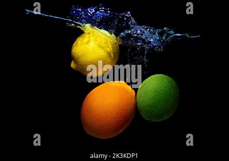 Mix of citrus fruits dropped in water with splashes isolated on black background. Stock Photo