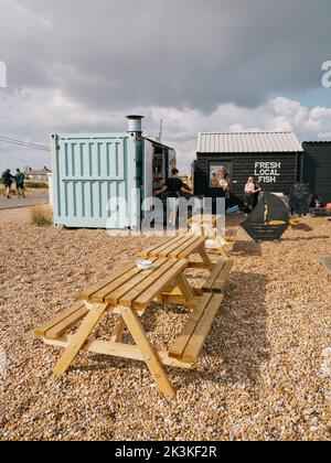 Dungeness Fishing Hut Snack Shack serving fresh local seafood on the shingle beach coastline at Dungeness Kent England UK - tourism tourists visitors Stock Photo