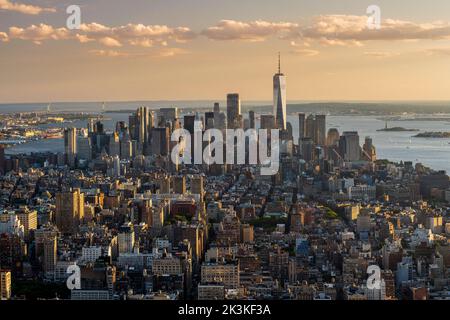 Aerial view of Lower Manhattan skyline at sunset, Manhattan, New York, USA Stock Photo