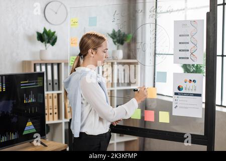 Young female speaker at formal wear writing on transparent board during conference at office room. Company worker presenting financial report during business meeting. Stock Photo