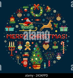Pixel Art Merry Christmas Vintage Circle Print Stock Vector