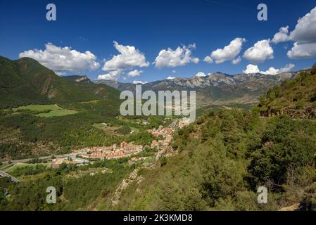 Llobregat valley, Guardiola de Berguedà and Bagà villages seen from the Mare de Déu de les Esposes sanctuary (Berguedà, Catalonia, Spain, Pyrenees) Stock Photo