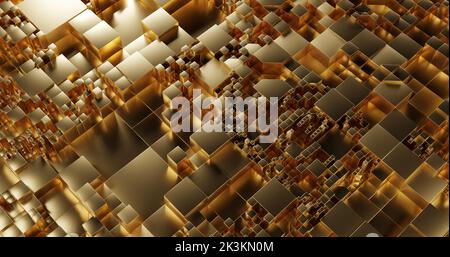 Gold square cubes pattern. 3D render illustration. Golden metallic background Stock Photo