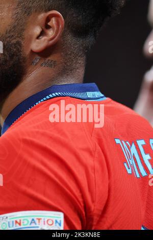 The tattoo on the neck of Reece James of Chelsea during the UEFA ...