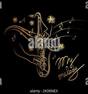 A set of musical elements for a jazz look. Inspirational saxophone playing, hand-drawn doodle. Flying notes and stars. Music. Hand-drawn doodle, my me Stock Vector