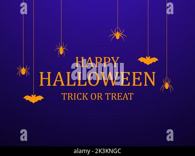 Happy Halloween October 31st, trick or treat. Hanging spiders and bats in orange on a gradient blue background. Design for greeting cards, posters and Stock Vector