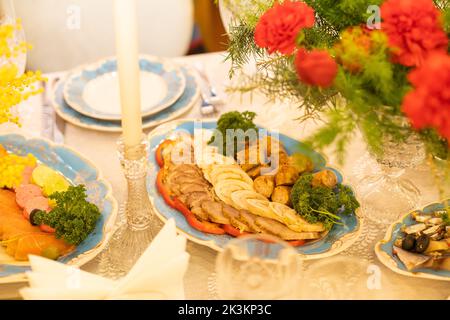 Catering service. Snacks for guests on the table. Stock Photo