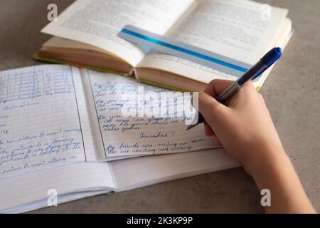 Kid affected by dyslexia doing homework, reading book using colorful overlay strip. Education, learning disability, reading difficulties concept Stock Photo