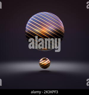 dark background with gold and black spheres with grooves. 3d render ...