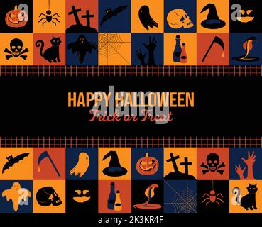 Happy Halloween Checkered Pattern Banner vector Illustration. Trick or treat celebration background holiday.  Social media post, greeting card, invite Stock Vector