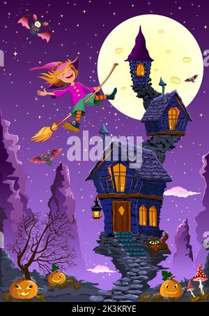 The cartoon little witch flies on a broom against the background of her house and the rocky mountains. The full moon is in the night sky and the stars Stock Vector
