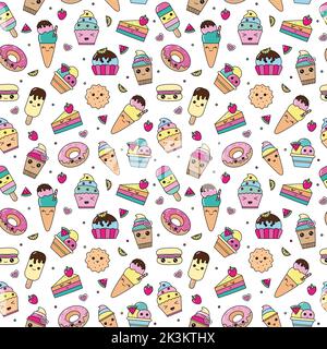 vector pattern of kawaii dessert, sweet and dessert doodle. Pattern wiht cute cake, sweet donat, cartoon cookies and macaron. Stock Vector
