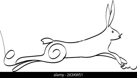 Isolated element on white background. Stylized hare. Vector. Single line drawing. Black and white image. Jumping, running rabbit. Suitable for posters Stock Vector