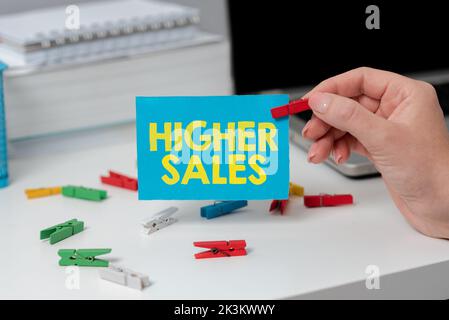 Conceptual display Higher Sales. Business overview The average sold products and services of a company has grown Stock Photo