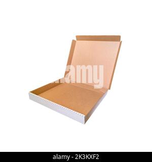 Open cardboard pizza box on white background Stock Photo - Alamy