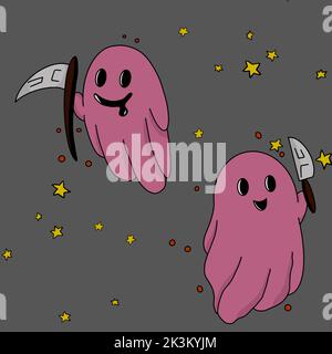 pink ghost with scythe and knife cute halloween illustration Stock Vector