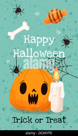 Lettering Happy Halloween and Trick or Treat watercolor texture pumpkin bone burning candle and spiders Stock Vector