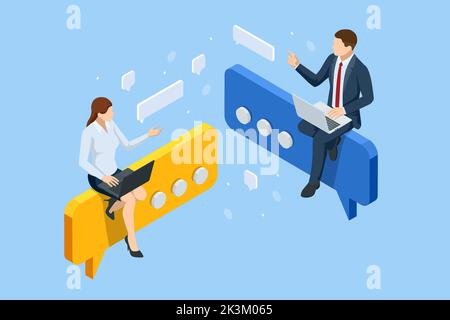 Isometric FAQ Frequently Asked Questions Concept. Woman and Man Ask Questions and receive Answers. Business People Asking Wuestions Around a Huge Stock Vector