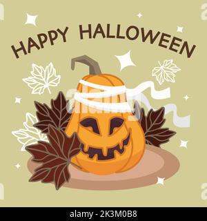 square banner happy halloween pumpkin in bandages and autumn leaves Stock Vector