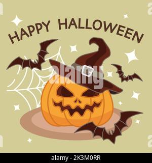 square banner of happy halloween pumpkin with hat Stock Vector