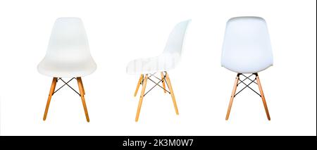 White modern chairs with wooden legs isolated on white background. Front view, side view and back view Stock Photo