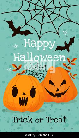 Lettering Happy Halloween and Trick or Treat watercolor pumpkin bats cobweb and stars Stock Vector