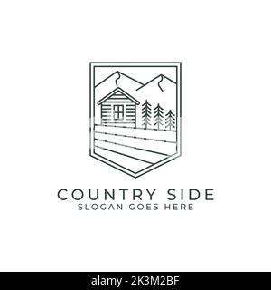 Country side outline logo design square. Vector line square with cabins for nature landscape. Stock Vector