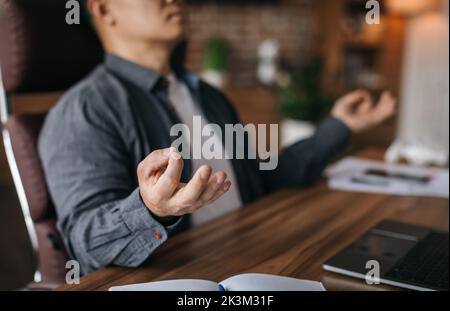 Serious calm adult japanese male resting in chair at table with laptop in office interior, cropped, blurred Stock Photo