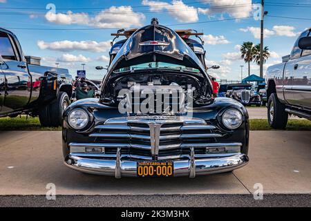 Daytona Beach, FL - November 28, 2020: Low perspective front view of a 1967 Chevrolet Fleetmaster Woody Station Wagon at a local car show. Stock Photo