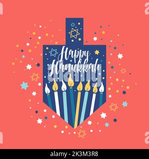 Happy Hanukkah, Jewish Festival of Lights greeting card with Chanukah symbols dreidels, spinning top, lettering, menorah candles, star David. . Happy Stock Photo