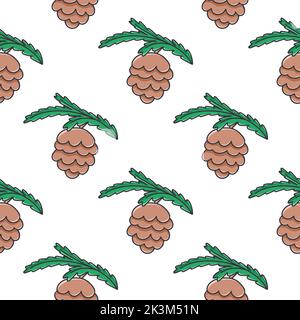 Cones on pine branches cartoon seamless pattern. Coniferous plant with fruits background. Nature print for wallpaper, package, fill and design Stock Vector
