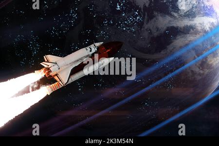 Space shuttle on background of habitable deep space planet