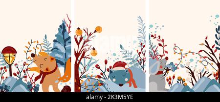 Winter composition with dancing fox in a scarf, the wolf sleeping among the mountains, the mouse holds the berries, leaves, tree and other. Winter animal.Perfect for greeting cards, poster, postcard. Stock Vector