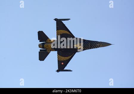 Soloturk Turkish F-16 Solo Display Team performs flare show, Airshow  at SHG AIRSHOW 2022 Turaf Stock Photo