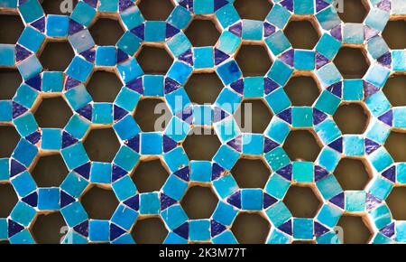 Geometric blue mosaic tile work in the Bukhara Stock Photo