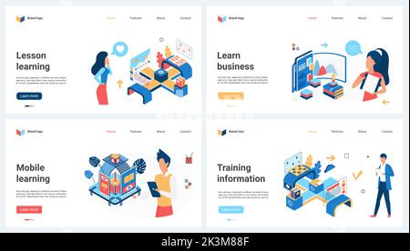 Learning technology, training platform and courses set vector illustration. Cartoon students study with electronic books, digital lesson, webinar concept for banner, website design or landing web page Stock Vector