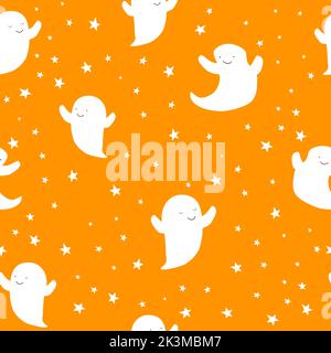 Cute Halloween white ghosts on colorful background decorated with stars, kids holiday seamless pattern. Vector illustration Stock Vector