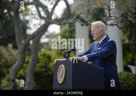 Washington, United States. 27th Sep, 2022. President Joe Biden speaks on lowering health care costs and protecting Medicare and Social Security during an event in the Rose Garden at the White House in Washington, DC on Tuesday, September 27, 2022. Photo by Bonnie Cash/UPI Credit: UPI/Alamy Live News Stock Photo