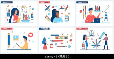 Modern contemporary art design, magazine cover decoration set vector illustration. Cartoon designers drawing with digital artists tools concept for banner, website design or landing web page Stock Vector