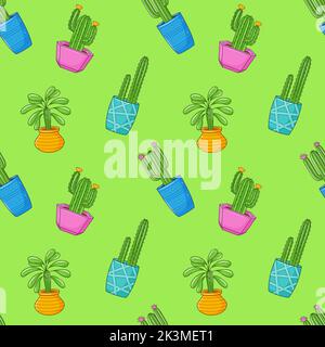 Seamless pattern with different cactus, succulent plant in bright flower pot. Cartoon Cacti. Hand drawing background with houseplants. Vector illustra Stock Vector