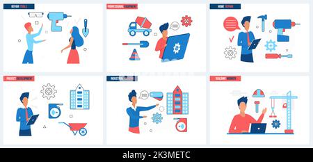 Construction site, professional equipment for house building set vector illustration. Cartoon people using repair and maintenance service concept for banner, website design or landing web page Stock Vector