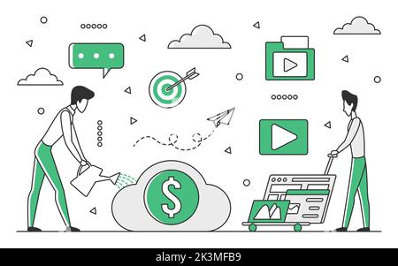Video marketing distribution. Digital promotional campaign, smm activity vector monocolor illustration Stock Vector