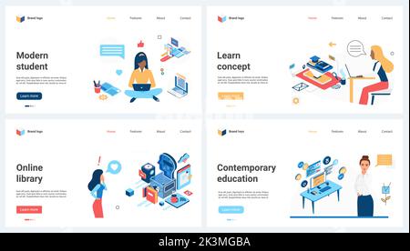 Modern education, online school and course set vector illustration. Cartoon student characters using internet resources, training with tutors concept for banner, website design or landing web page Stock Vector