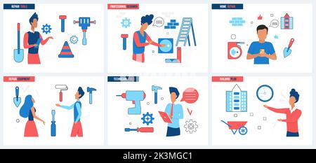 Construction, renovation and redesign of buildings interior, repair set vector illustration. Cartoon technical services of contractors team, concepts for banner, website design or landing web page Stock Vector