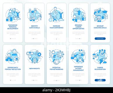 Mentoring in workplace benefits blue onboarding mobile app screen set Stock Vector