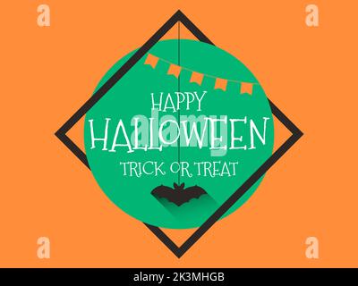 Happy Halloween October 31st, trick or treat. A frame around a green emblem with a hanging bat. Design for greeting cards, posters and banners. Vector Stock Vector